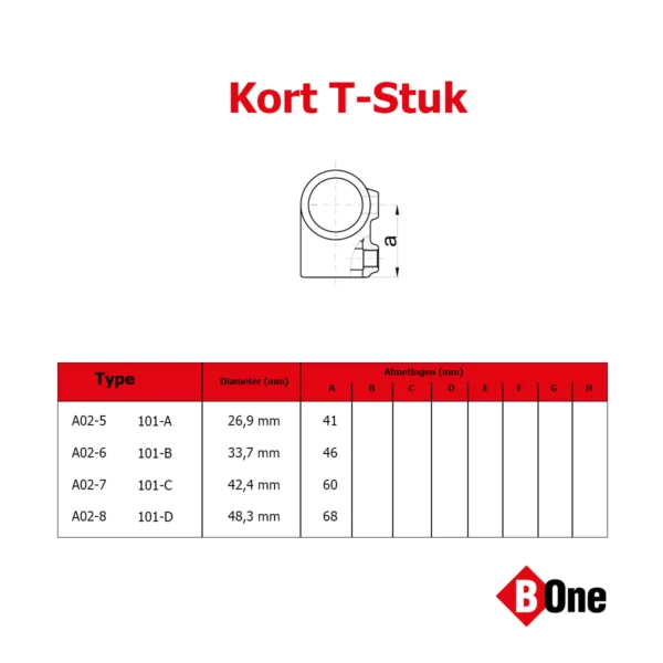 Afmetingen buiskoppeling A02 Kort T-stuk