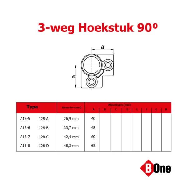 Afmetingen van A18 buiskoppeling 3-weg hoekstuk