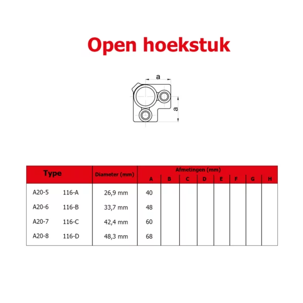 Afmetingen van buiskoppeling A20 open hoekstuk.