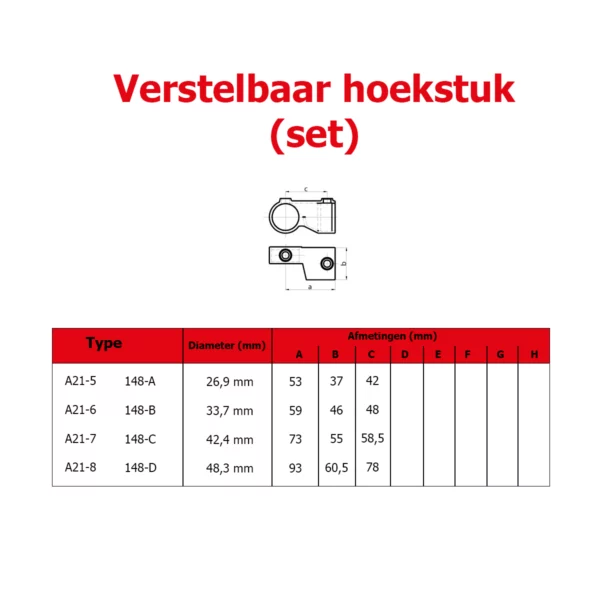 Afmetingen van buiskoppeling A21 verstelbaar hoekstuk.