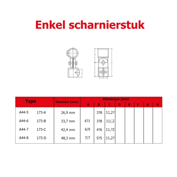 Afbeelding van buiskoppeling A48 hoek scharnierstuk met afmetingen voor nauwkeurige montage | B-One