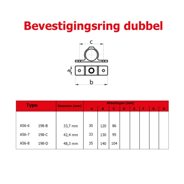 Afbeelding van buiskoppeling A56 bevestigingsring dubbel met afmetingen voor nauwkeurige montage | B-One