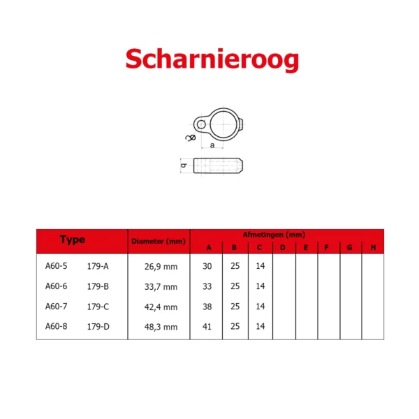 Afbeelding van buiskoppeling A60 scharnieroog met afmetingen, gebruikt voor scharnierende verbindingen | B-One